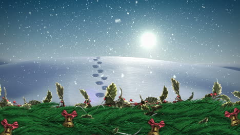 christmas holly wreath with bells and winter landscape snowing