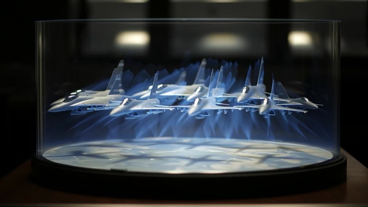 Caccia militari in miniatura esposti in una teca di vetro a una mostra di tecnologia.