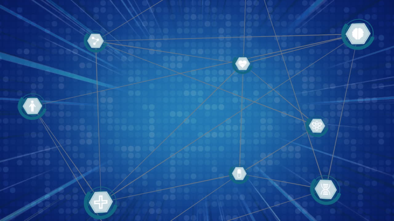 Network of digital icons against light trails and mosaic squares on blue background