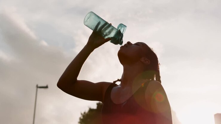 Ripresa dal basso di giovane donna afroamericana che beve acqua in città 4K