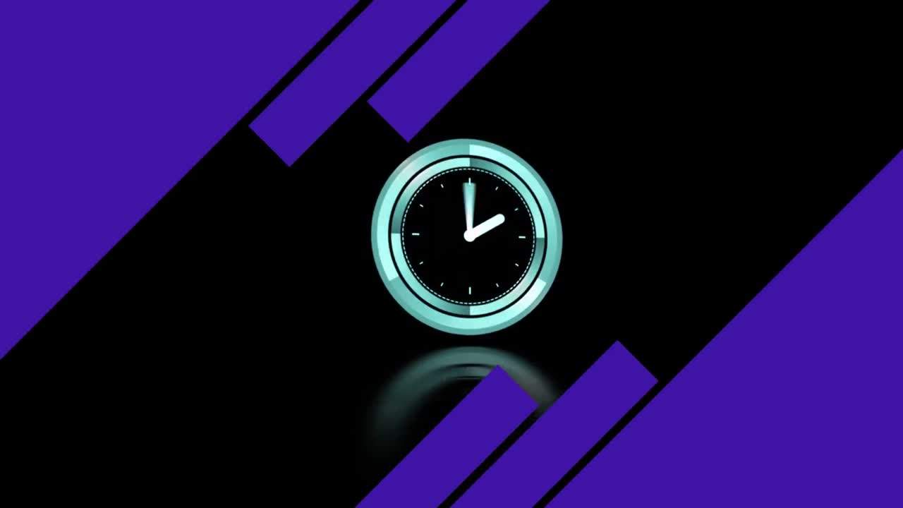 Animazione di un orologio con lancette in movimento e forme viola, su sfondo nero.