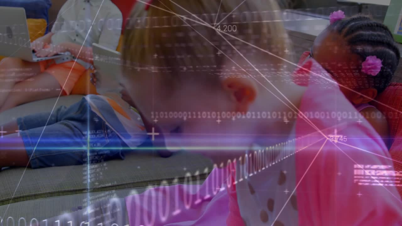 Camera moving in starting focus, two girls leaning in on tablet for learning, code overlay sweeping