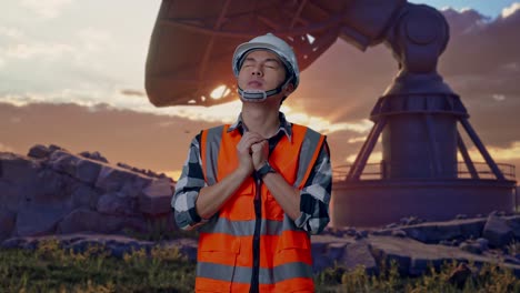 asian male engineer with safety helmet pray for something while standing with large satellite dish