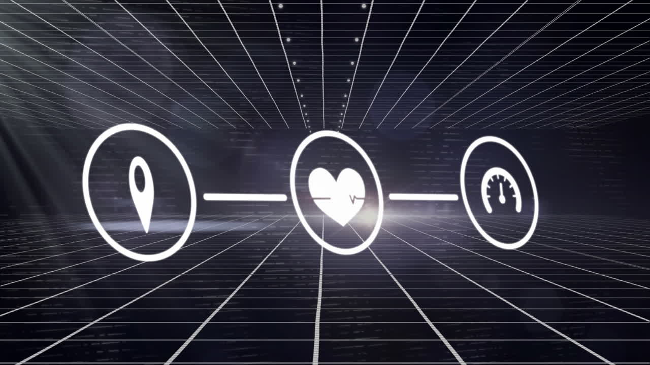 그리드 네트워크와 회색 배경에 대한 빛의 점 위에 디지털 아이콘 네트워크의 애니메이션