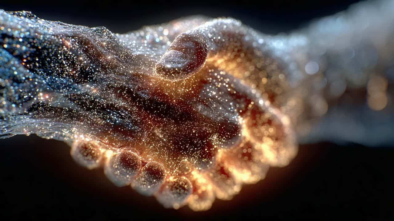 Conceptual animated handshake forming from glittering golden and blue particles on a dark background, representing digital connection, business deals, technology, and futuristic agreement