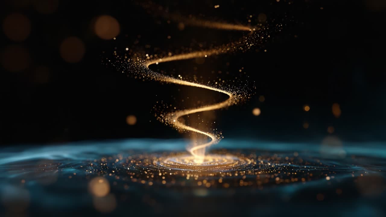 Spirale ipnotica di luce e particelle: una rappresentazione affascinante di movimento ed energia in un vortice dinamico di oro e blu su sfondo scuro
