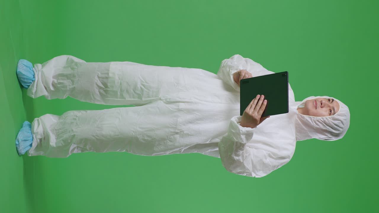 cuerpo lleno de científico masculino asiático usando una tableta y mirando a su alrededor mientras está de pie en el fondo de la pantalla verde