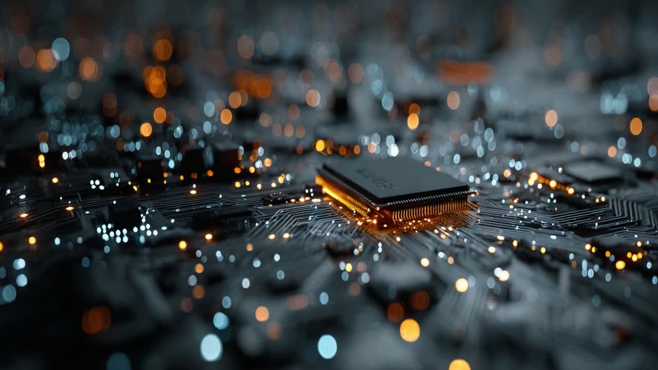 Close-Up View of a Microchip on a Circuit Board Surrounded by Glowing Lights Showcasing Modern Technology and Digital Connectivity