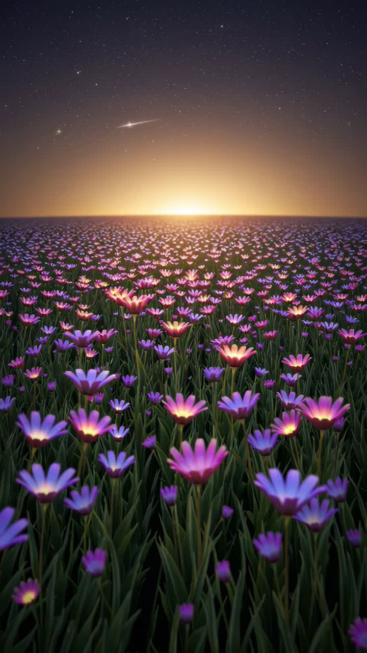 A field of glowing flowers at sunrise/sunset