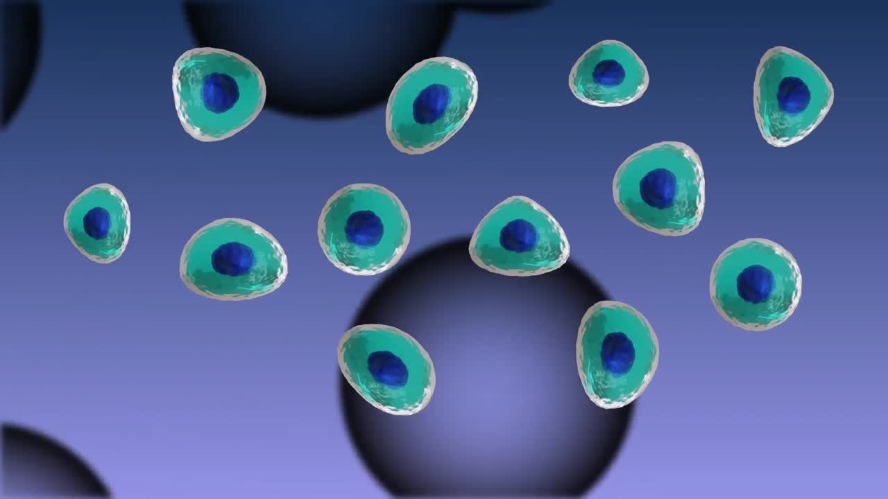 animación de micro de células azules y turquesas sobre un fondo de colores vibrantes