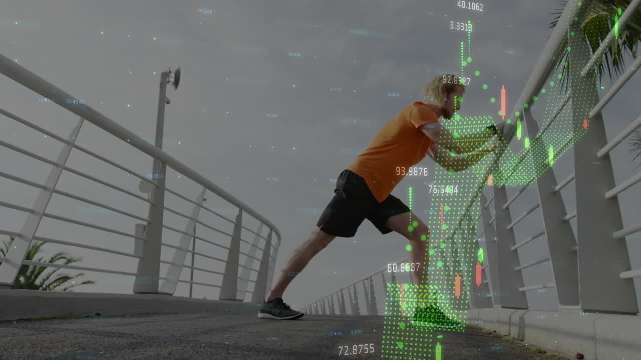 animación de múltiples gráficos con números sobre hombre caucásico haciendo estiramiento al aire libre