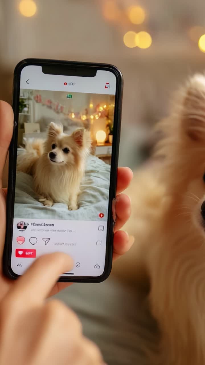 A person interacting with a smartphone, showcasing a charming dog image on a social media platform amidst a cozy ambiance filled with warm bokeh lights, highlighting the pet's adorable features and playful demeanor