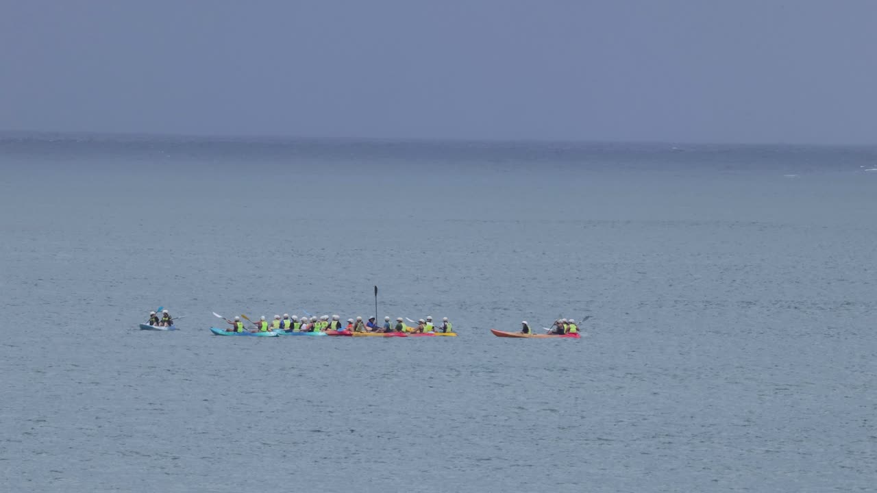 조용한 물 환경에서 경쟁하는 여러 카야크