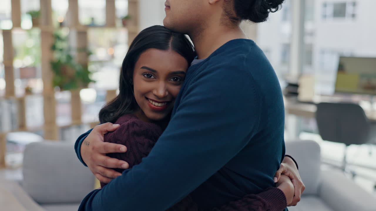 Support, face or happy couple hug in home living