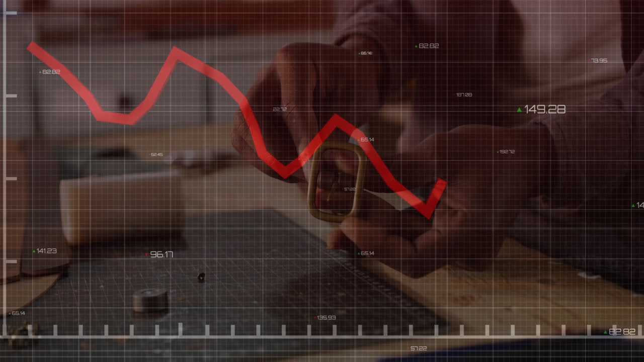 craftsman assembling metal D-ring buckle on cutting mat, showing animated line graph for technology