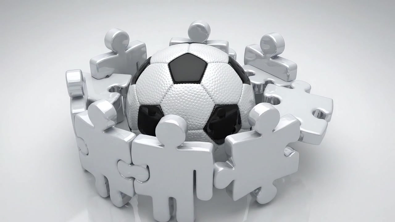 Un pallone da calcio circondato da pezzi di puzzle che rappresentano il lavoro di squadra e la collaborazione nello sport, illustrando l'importanza dell'unità e della strategia nel gioco