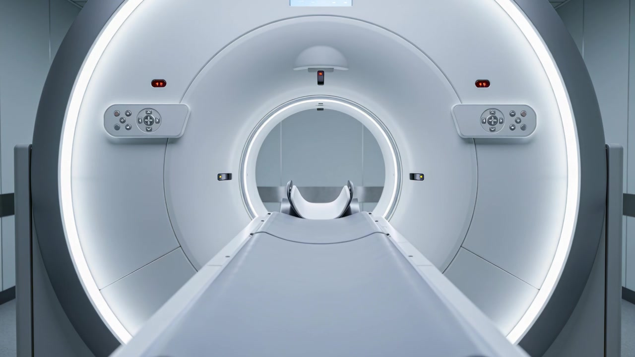 Lettino scorrevole per paziente che si muove verso il gantry della risonanza magnetica in clinica, pannello che segnala la scansione, posizionamento della bobina per la testa