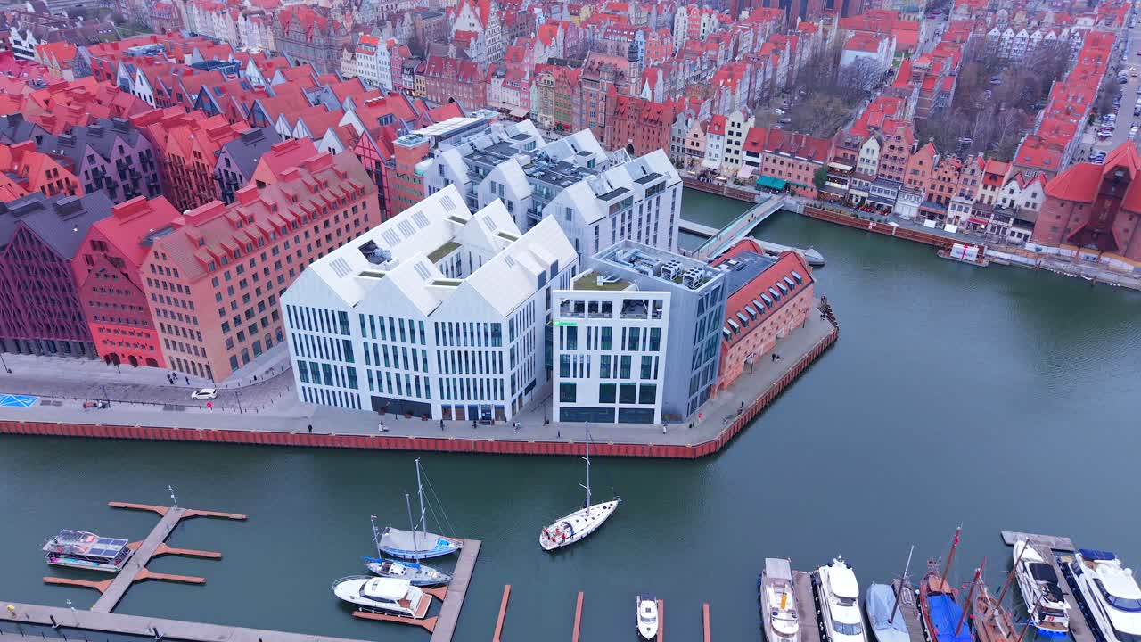 Gdansk showcasing colorful rooftops and modern architecture along the motlawa river, aerial view