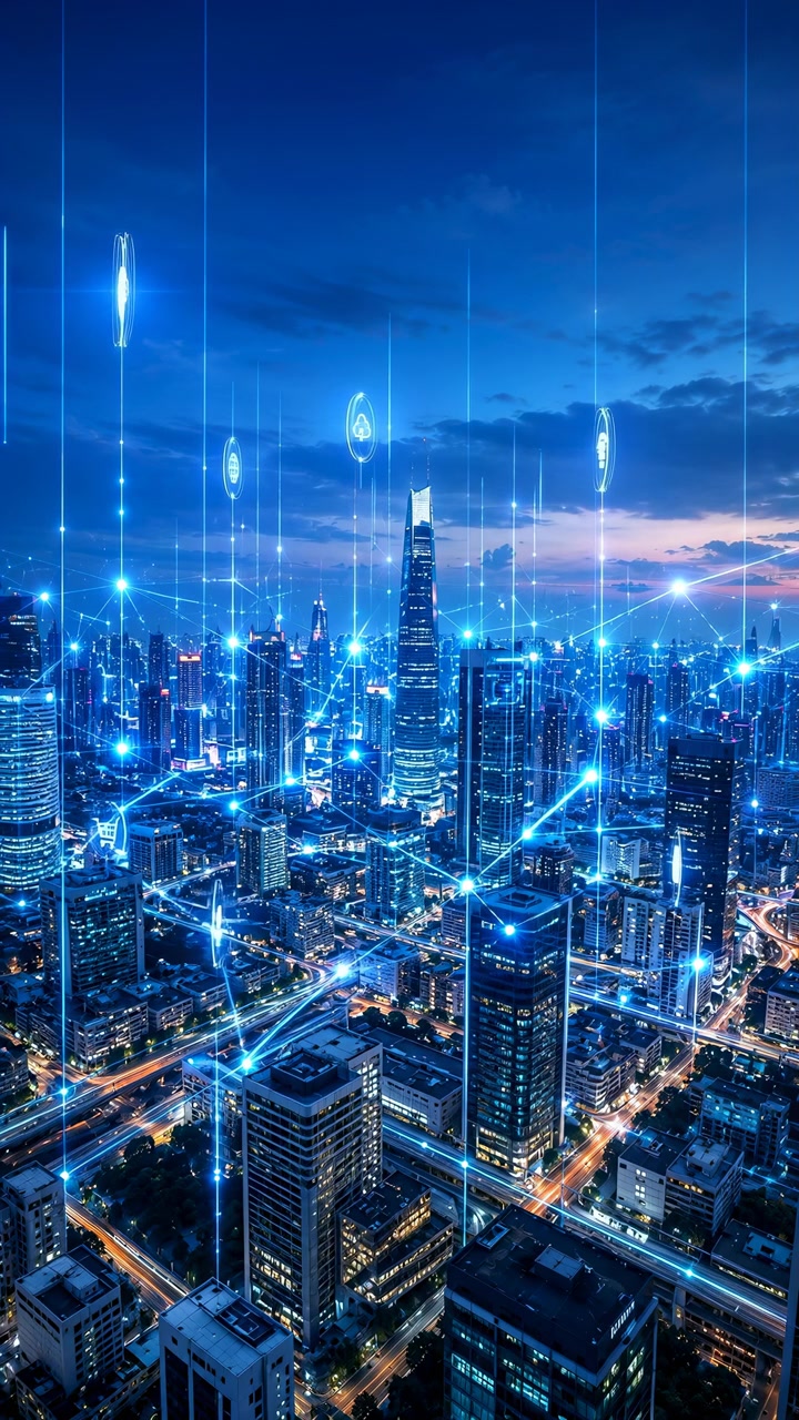 Codice che si sovrappone a un paesaggio urbano, mostrando uno skyline connesso e flussi di dati, con icone di rete blu neon che fluttuano.