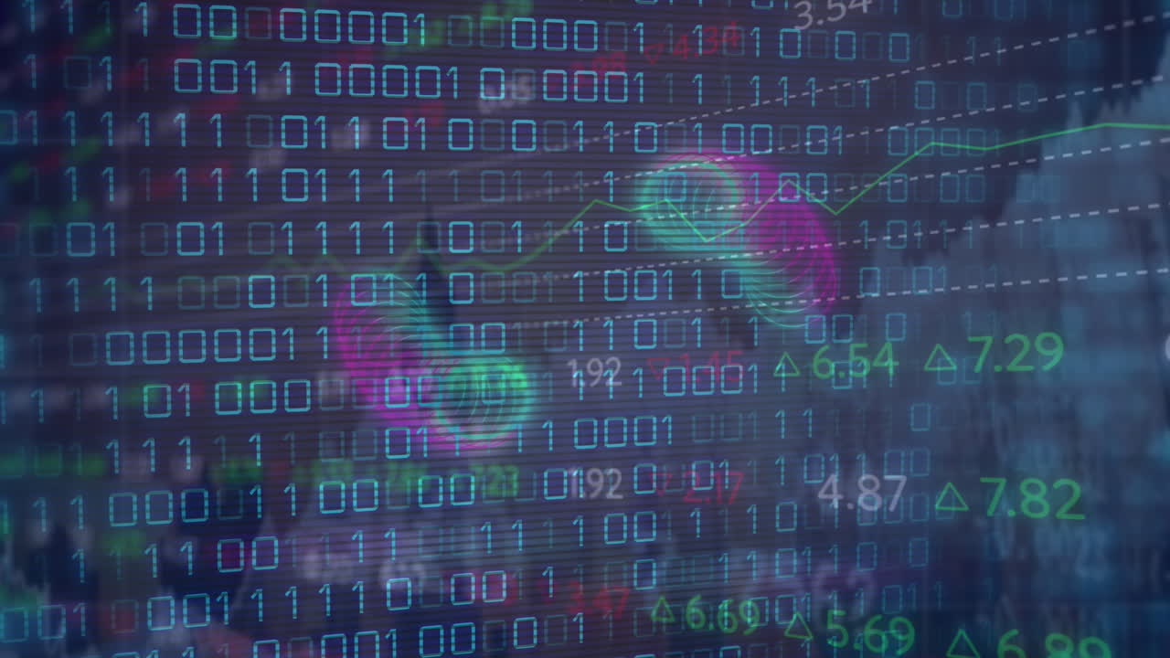 animación de codificación binaria y procesamiento de datos del mercado de valores frente a una vista aérea del paisaje urbano