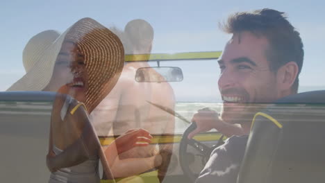 driving convertible, smiling couple with beach overlay animation in background