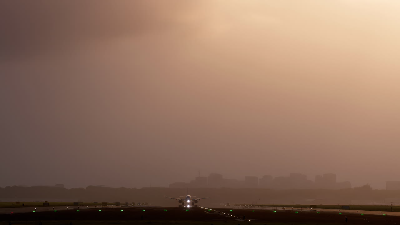 해가 지고 해가 뜨는 안개 날씨에 비행기가 착륙하거나 이륙합니다.