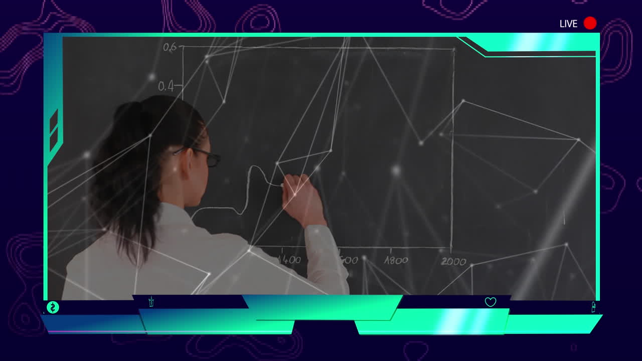 animación de un maestro dando una lección en vivo en línea con un marco azul.