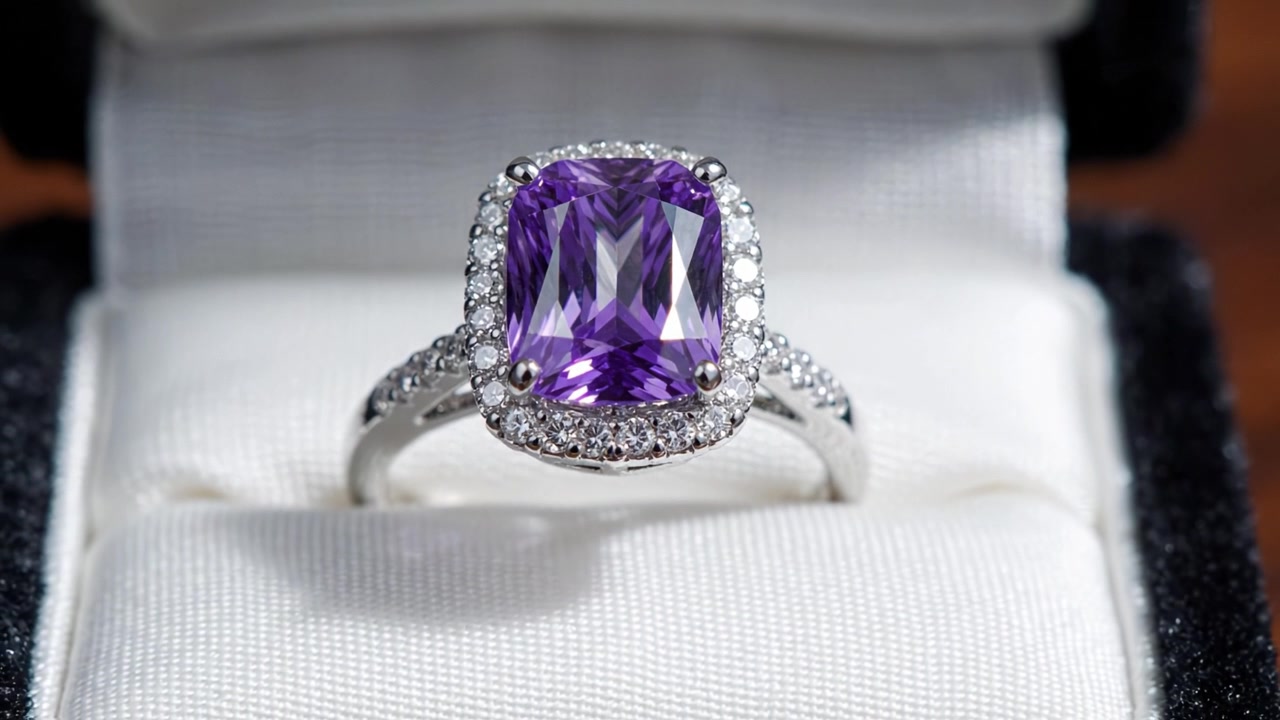 Elegante anello con ametista esposto in una scatola lussuosa, che mostra un design intricato e diamanti scintillanti che ne esaltano la squisita bellezza e l'artigianalità