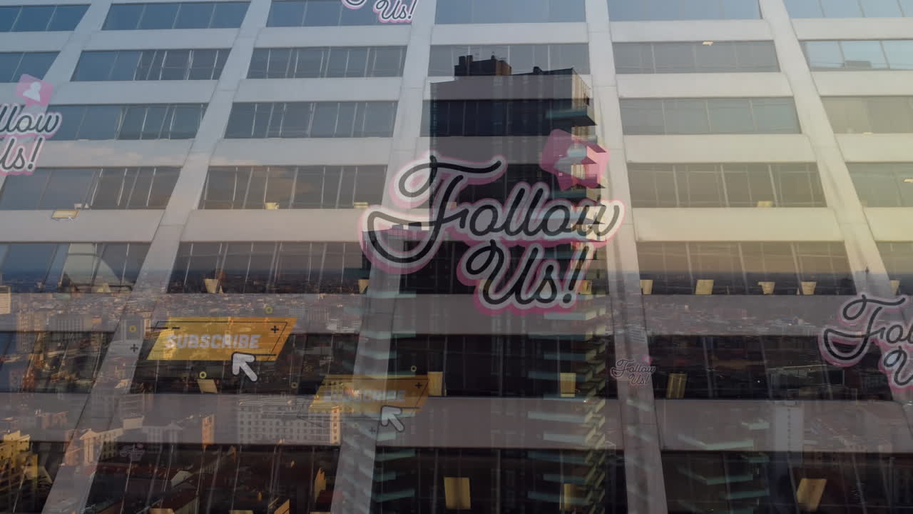 현대 도시 건물에 대한 텍스트 애니메이션과 소셜 미디어 알림을 따르십시오.