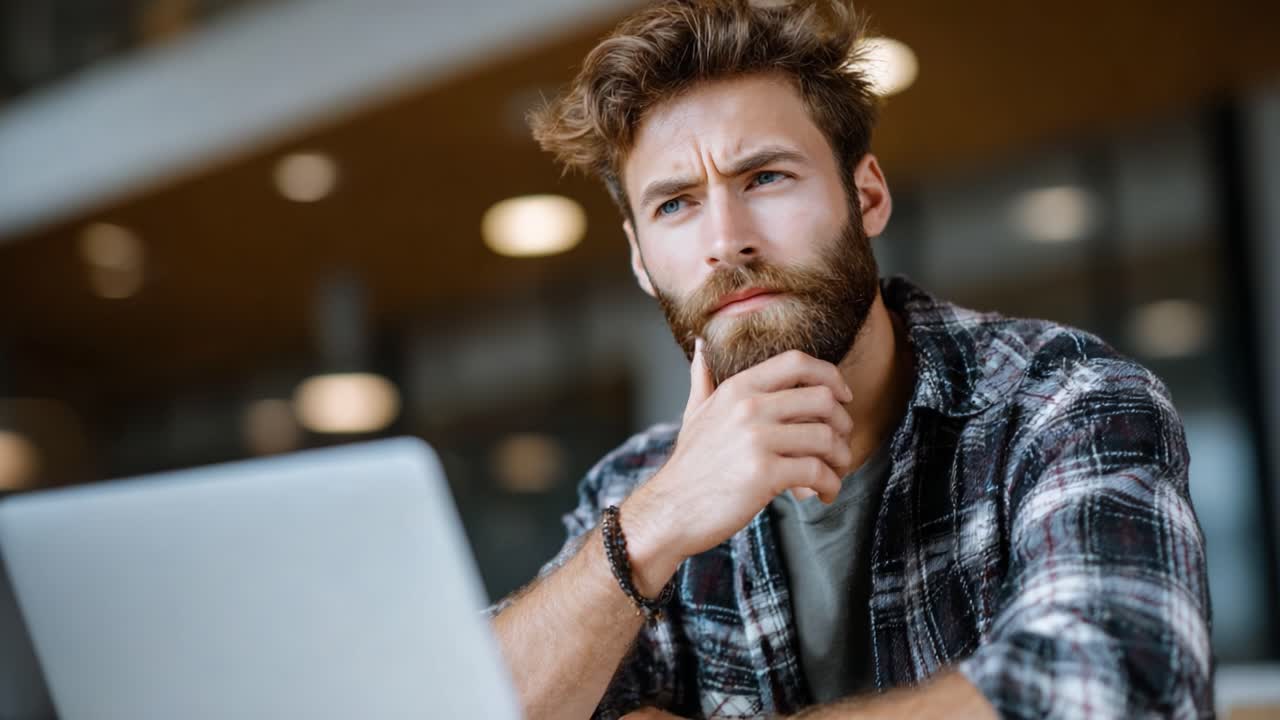 Focused Individual Deep in Thought While Using a Laptop: A Glimpse into Contemplation and Concentration in a Modern Workspace