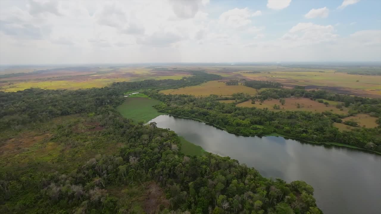 Vista aerea con drone di un lago tranquillo, fattorie e alberi a Monagas, Venezuela