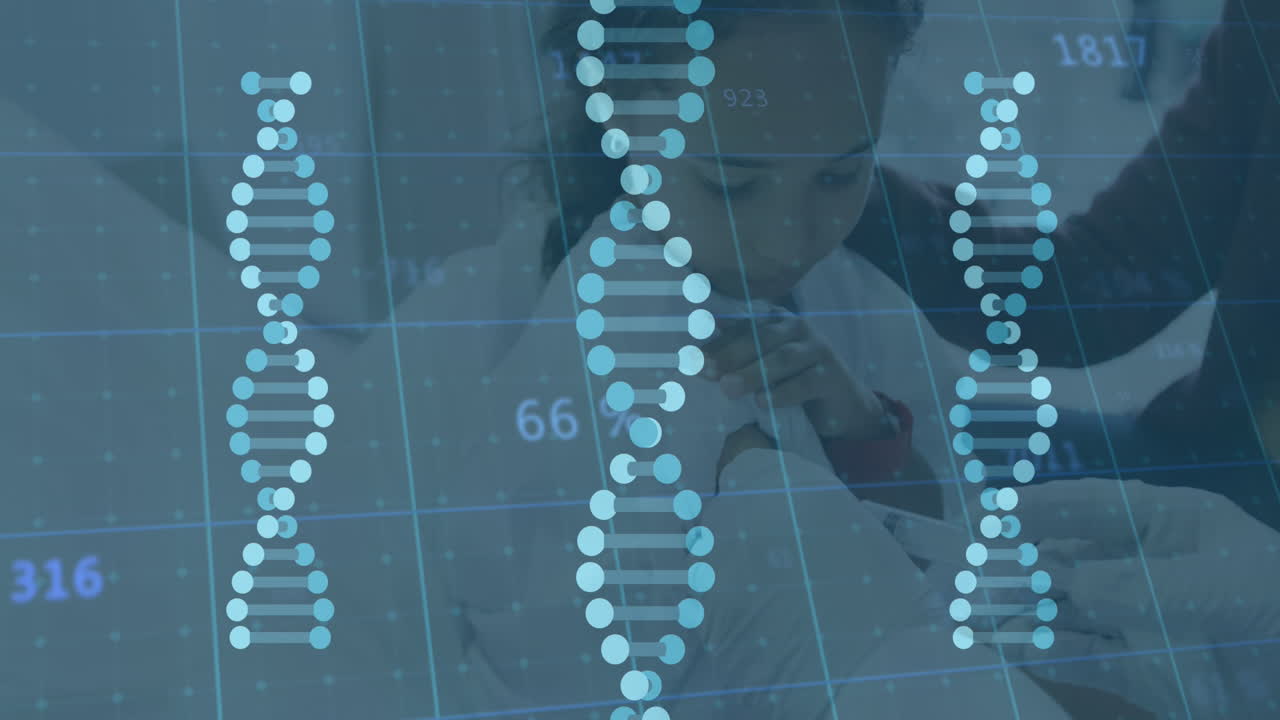 animación de cadenas de adn procesamiento de datos médicos, madre biracial con paciente niña