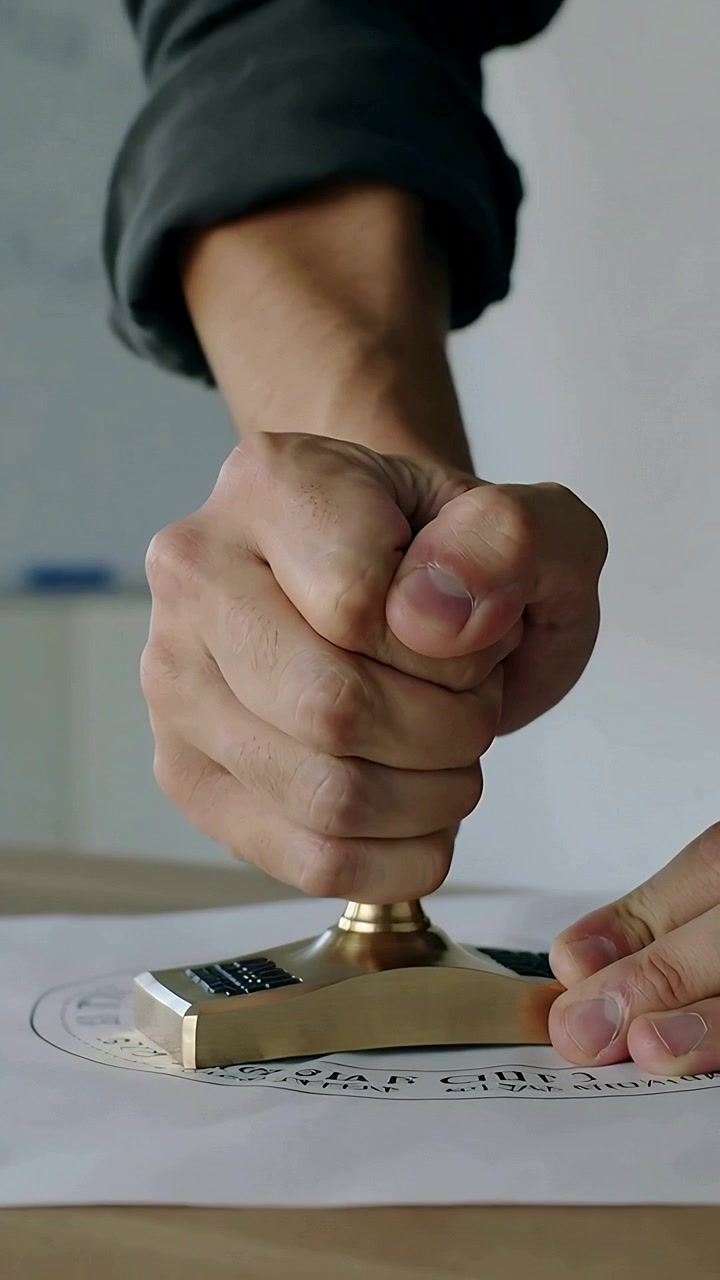 Vídeo vertical: Colocando carimbo sobre lacre, braço com manga arregaçada pressionando botão e selando papel na mesa