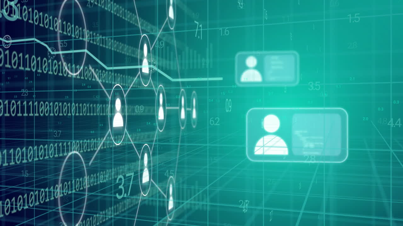 animación de conexiones de red y procesamiento de datos a través de perfiles y gráficos digitales