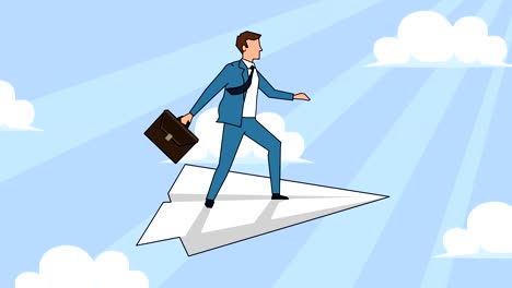 flat cartoon businessman character with case bag flying on paper airplane animation