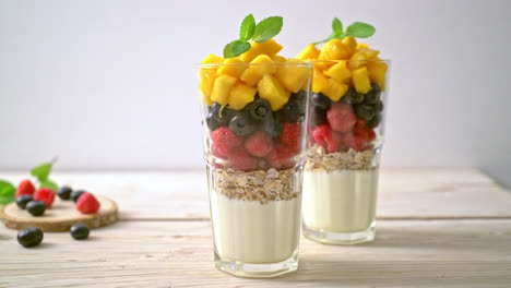 homemade mango, raspberry and blueberry with yogurt and granola - healthy food style