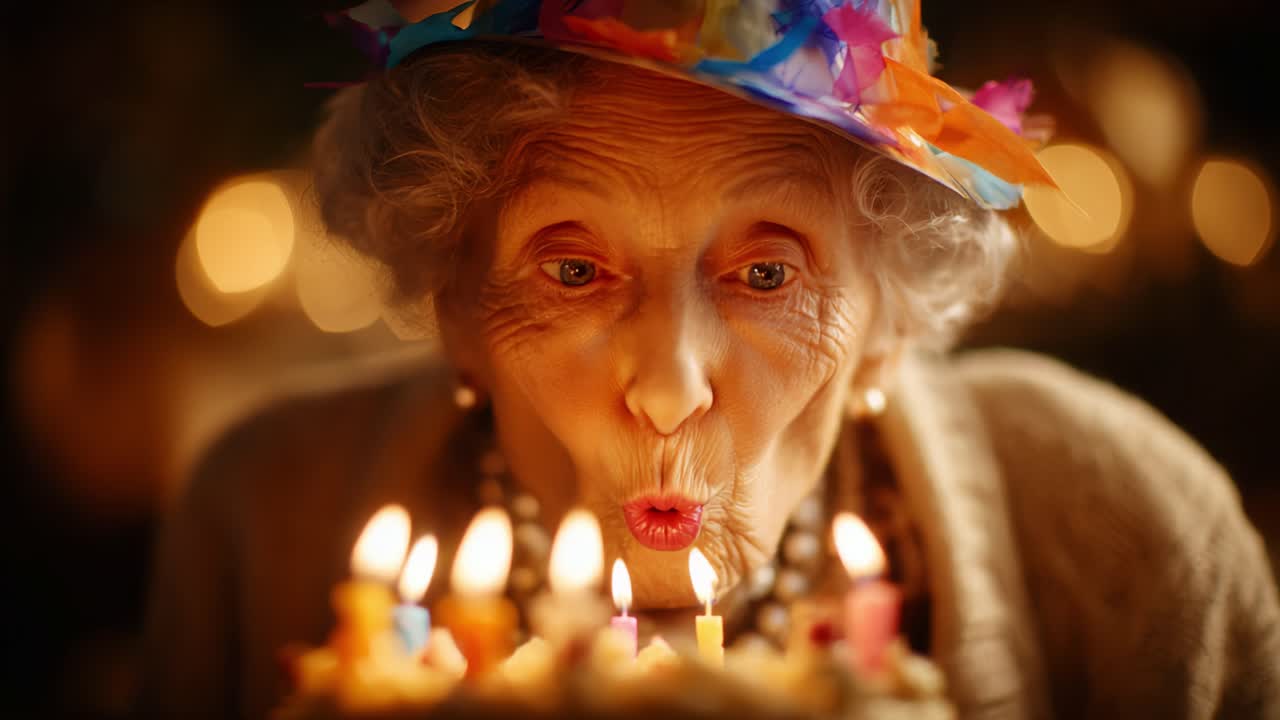 A Heartwarming Moment of Celebration: An Elderly Woman Makes a Wish as She Blows Out Candles on a Colorfully Decorated Birthday Cake Surrounded by Warm Lights