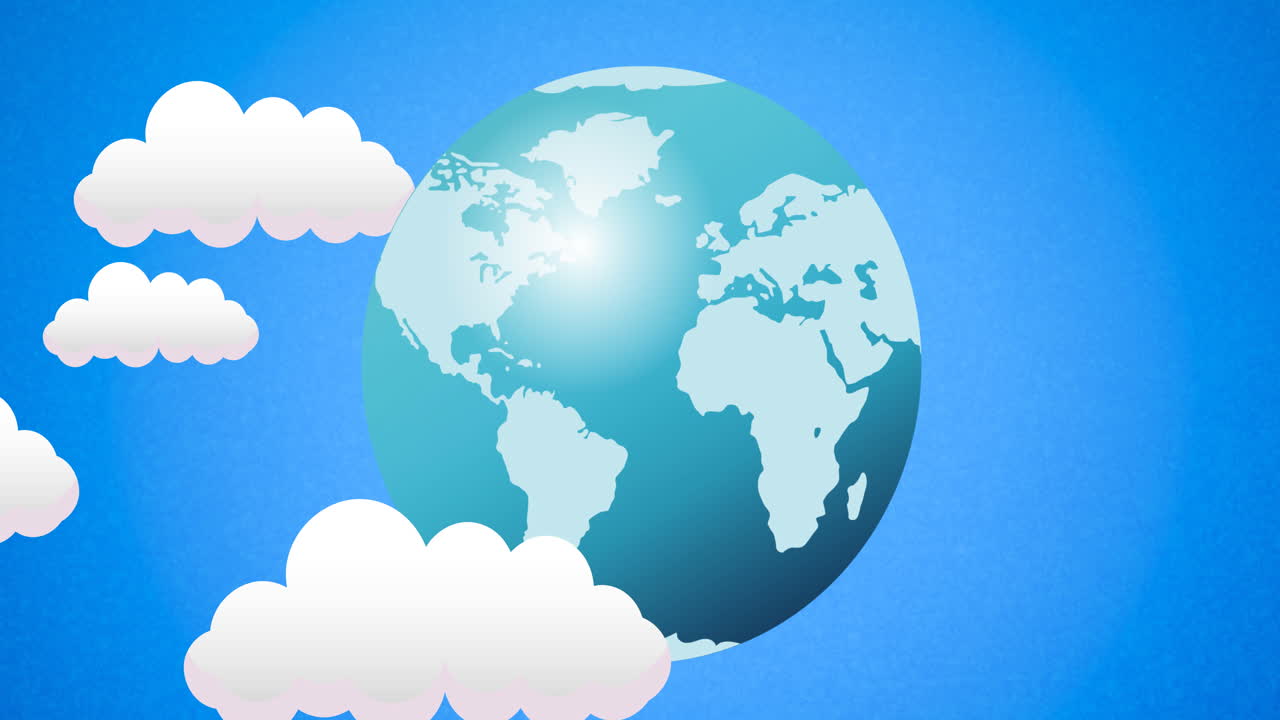 파란 하늘과 구름 위에 파란색과  ⁇ 색의 지구의 애니메이션