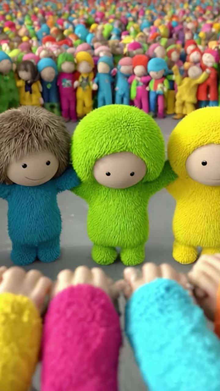 A Colorful Gathering of Plush Characters Featuring Blue, Green, and Yellow Soft Toys Smiling and Displaying Friendship in a Vibrant Crowd Background