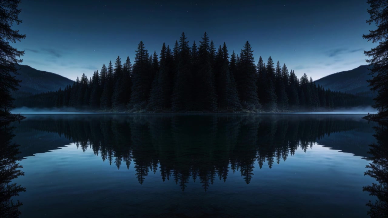 Reflecting evergreen island mirroring silhouettes on calm mountain lake at twilight, mist forming