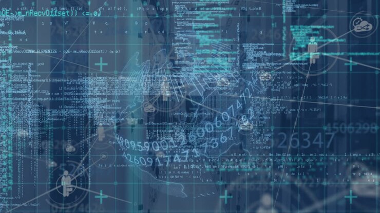 Animation of warning text and network of connections over blue background