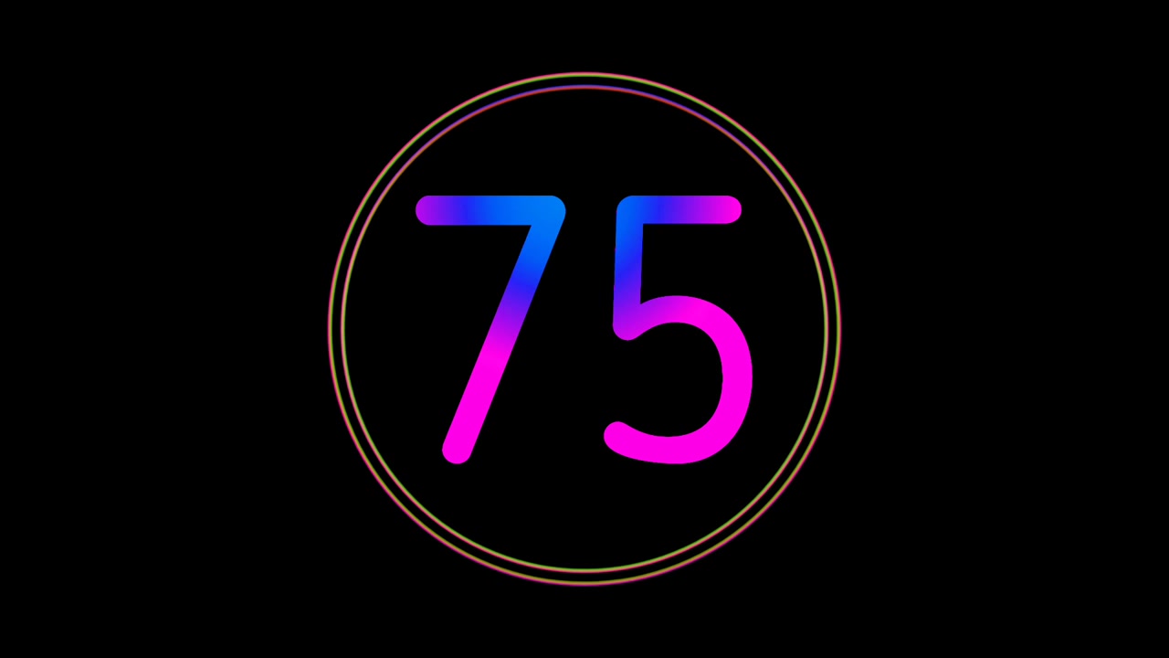 Neon Nummer 75 Animation Glødende flimrende Gradient Blå Pink Digital Futuristisk LED Numerisk Loop Abstrakt Tech i Cirkel Lys Bevægelsesgrafik Moderne Minimal sort baggrund