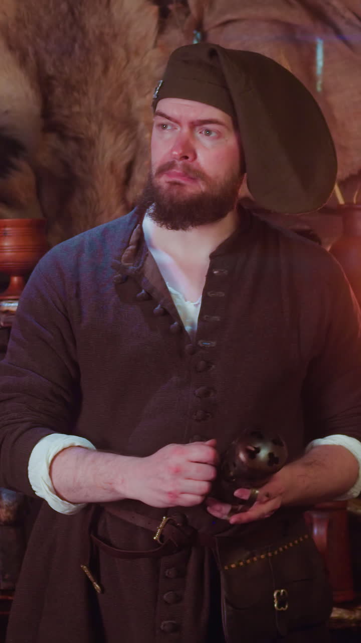 Merchant checks magic herbs in store. Worried bartender in medieval costume holds potion of ingredients in metal container in tavern. Seller secrets