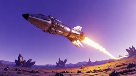 a magnificent rocket launches into the twilight sky, departing from an uncharted planet covered in striking crystals and exotic terrain, marking a new era of space exploration