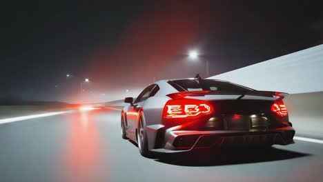 sleek sports car driving at night with bright red taillights and motion blur