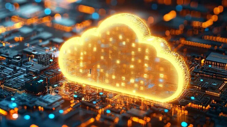 A glowing cloud is on top of a circuit board. The cloud is surrounded by a lot of blue and orange lights