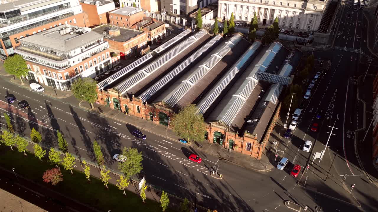 Overhead 4K 30FPS aerial video of St George's Market in Belfast, Northern Ireland in the UK. Produced with Rec709 color