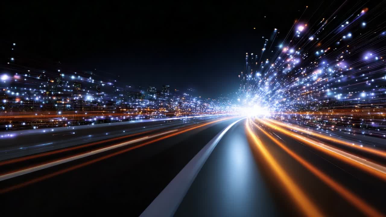 A Dynamic Journey Through Light: Capturing the Essence of Rapid Motion and Vibrant Illumination in a High-Speed Lane, Where Stars and Streams of Energy Collide to Create a Mesmerizing Visual Symphony