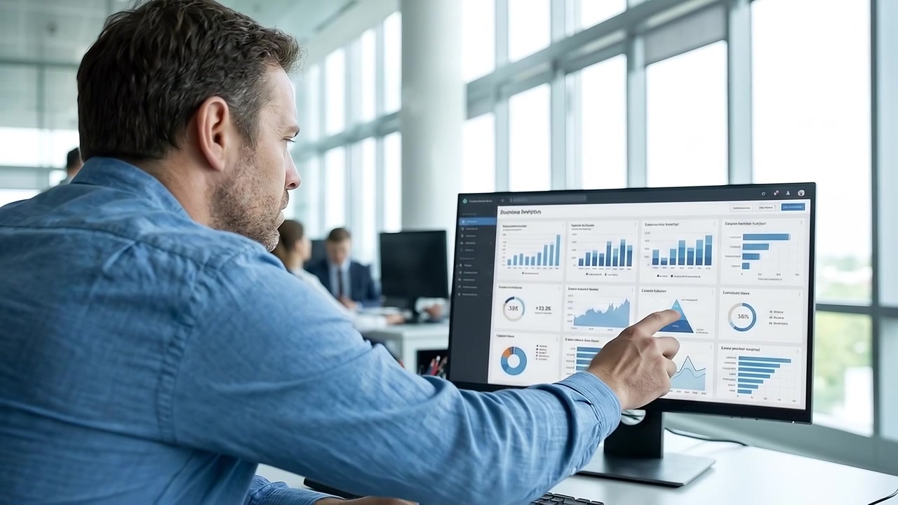 Stressed Businessman Analyzing Financial Data on Computer in Modern Office