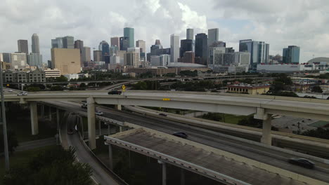 Network-of-Highways-in-Houston,-Texas-with-Skyline-in-Background